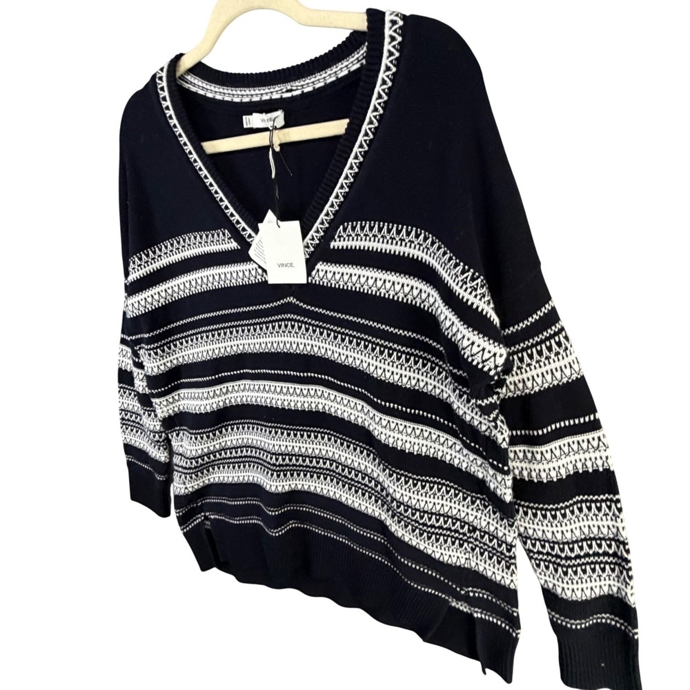 Vince Sweater Women S Black White Textured Stripe Cotton Relaxed Quiet Luxury - Picture 4 of 16